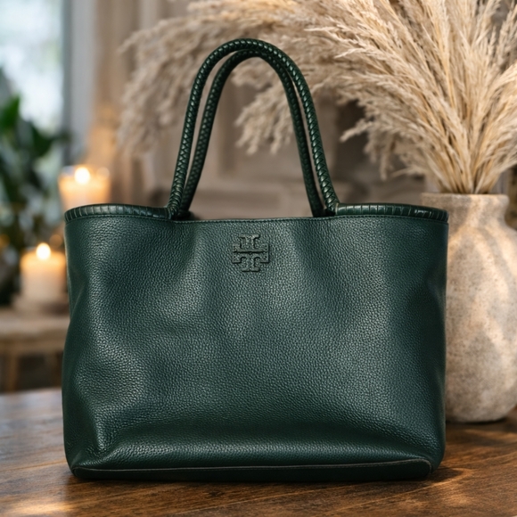 Tory Burch Handbags - AUTH TORY BURCH HUNTER GREEN LEATHER TOTE BAG